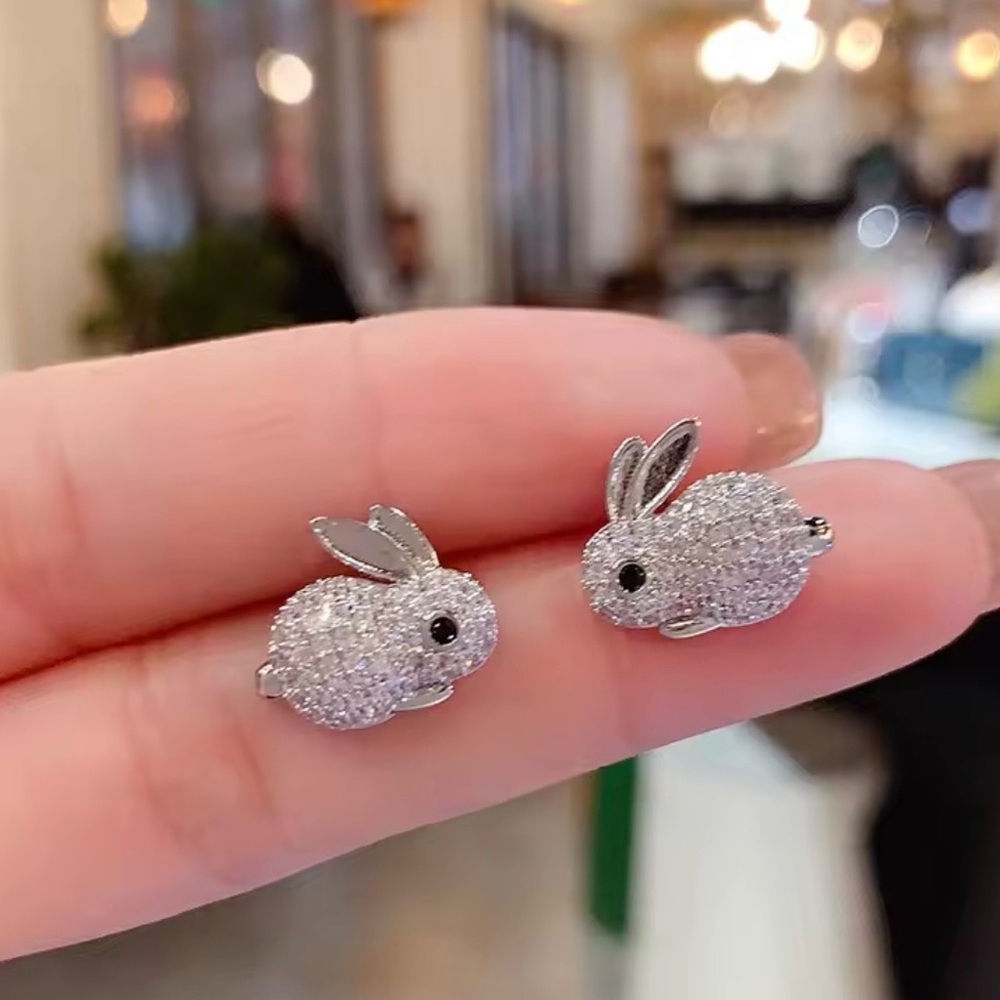 Sparkling Bunny Stud Earrings - Silver Crystal Spring Easter 🐰